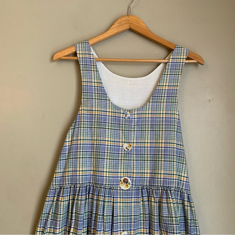 Vtg HANDMADE USA COTTAGECORE PLAID JUMPER DRESS Pinafore Trad Farmhouse Buttons - Picture 2 of 9